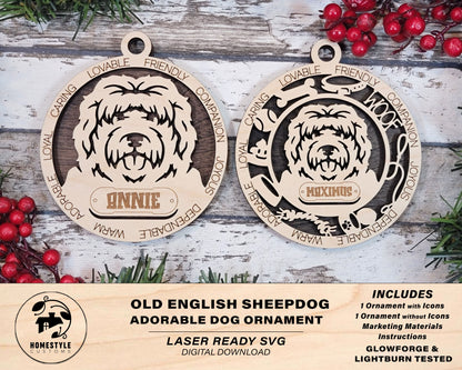 Old English Sheepdog - Adorable Dog Ornaments - 2 Ornaments included - SVG, PDF, AI File Download - Sized for Glowforge