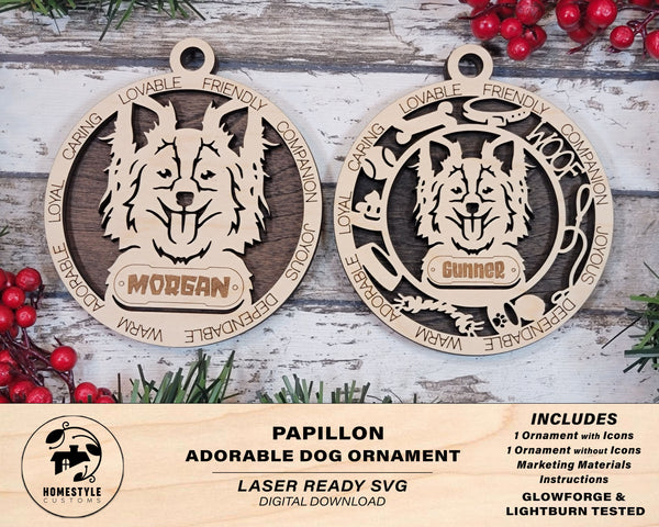 Papillon - Adorable Dog Ornaments - 2 Ornaments included - SVG, PDF, AI File Download - Sized for Glowforge