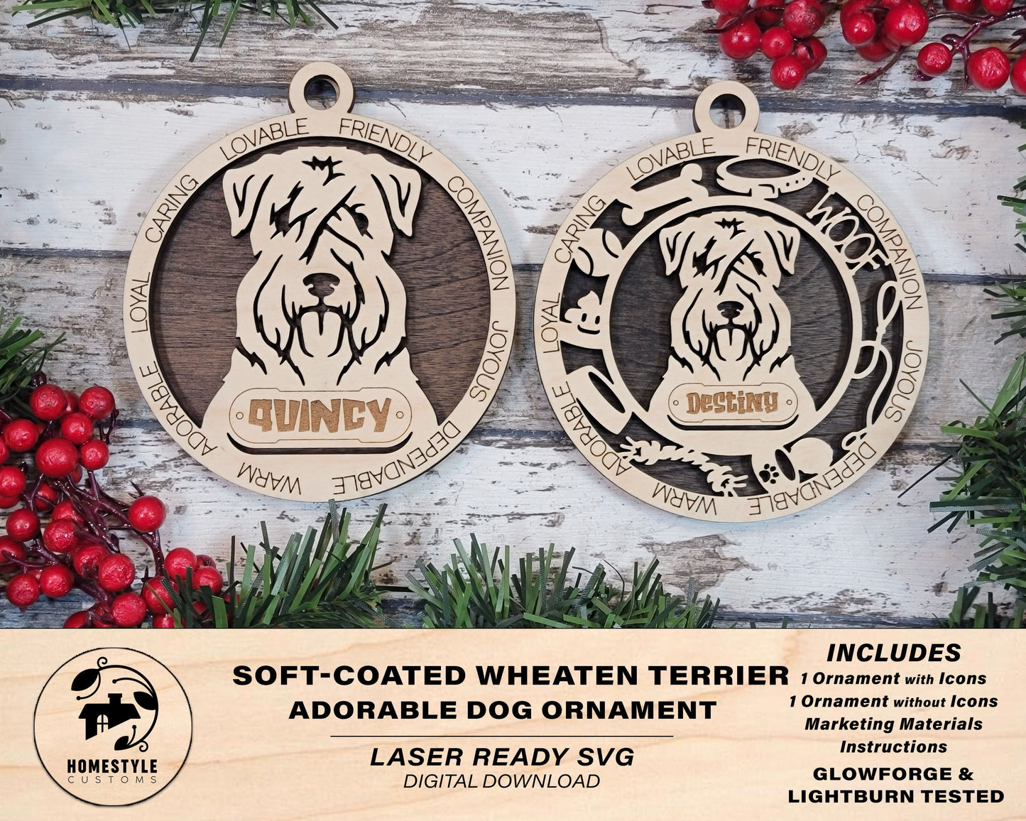 Soft Coated Wheaten Terrier - Adorable Dog Ornaments - 2 Ornaments included - SVG, PDF, AI File Download - Sized for Glowforge