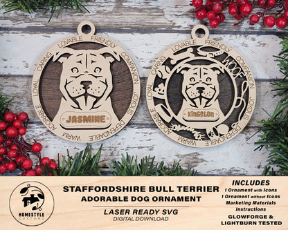 Staffordshire Bull Terrier - Adorable Dog Ornaments - 2 Ornaments included - SVG, PDF, AI File Download - Sized for Glowforge