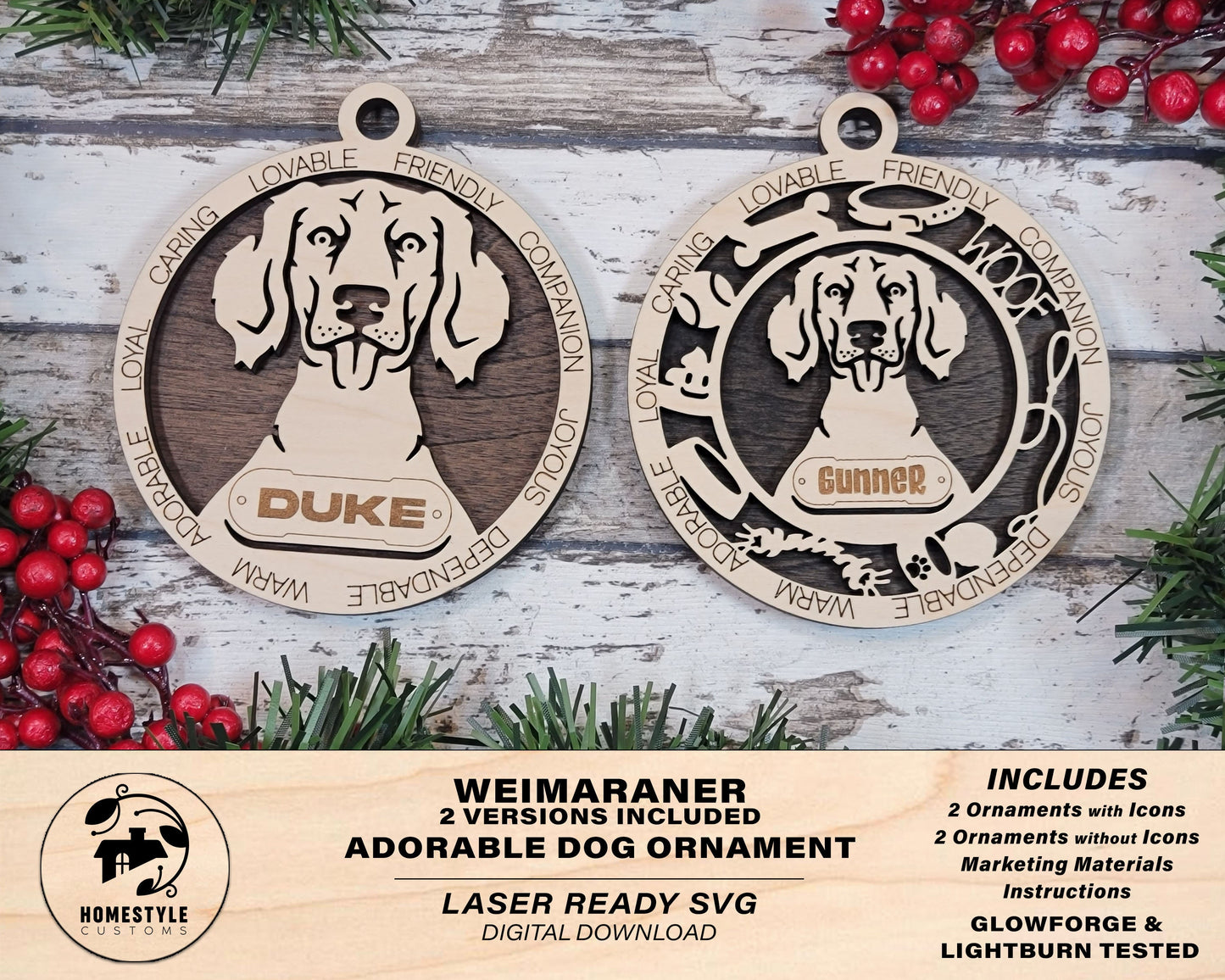 Weimaraner - Adorable Dog Ornaments - 4 Ornaments included - SVG, PDF, AI File Download - Sized for Glowforge