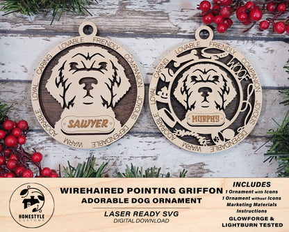 Wirehaired Pointing Griffon - Adorable Dog Ornaments - 2 Ornaments included - SVG, PDF, AI File Download - Sized for Glowforge