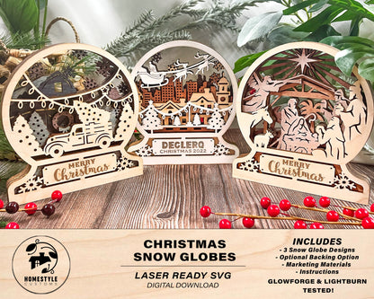 Christmas Snow Globes - 3 Versions Included - Nativity, Santa's Sleigh, TreeFarm Truck - SVG, PDF, AI File Download - Sized for Glowforge