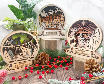 Christmas Snow Globes - 3 Versions Included - Nativity, Santa's Sleigh, TreeFarm Truck - SVG, PDF, AI File Download - Sized for Glowforge