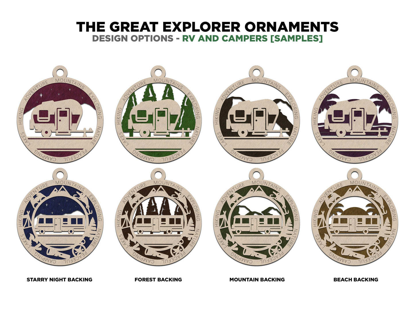 The Great Explorer Ornaments - Camping, Rv, Outdoor Designs - 42 Unique designs - SVG, PDF, AI File Download - Sized for Glowforge