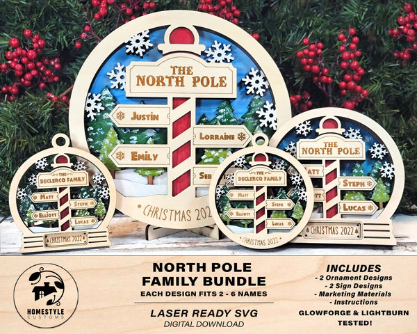 North Pole Family Bundle - 2 Ornaments & 2 Signs Included - Each Design Fits 2-6 Names  - SVG, PDF, AI File Download - Sized for Glowforge