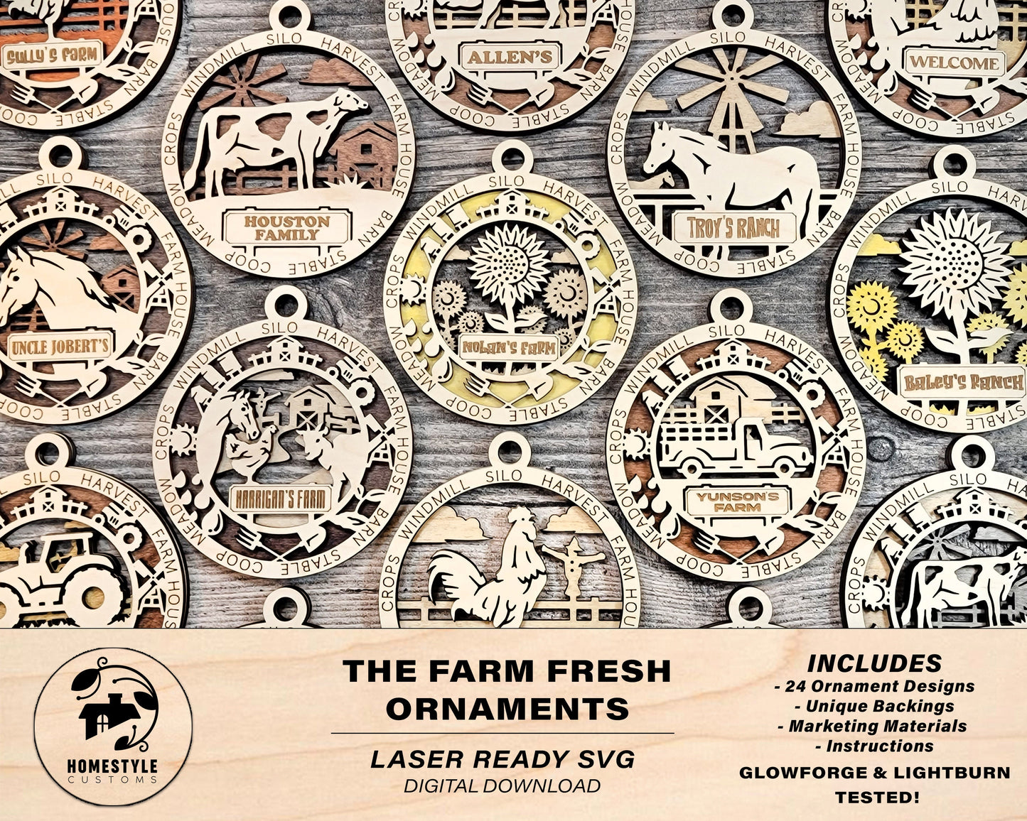 The Farm Fresh Ornaments - 24 Unique designs - SVG, PDF, AI File Download - Sized for Glowforge