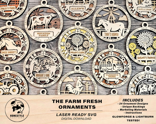 The Farm Fresh Ornaments - 24 Unique designs - SVG, PDF, AI File Download - Sized for Glowforge