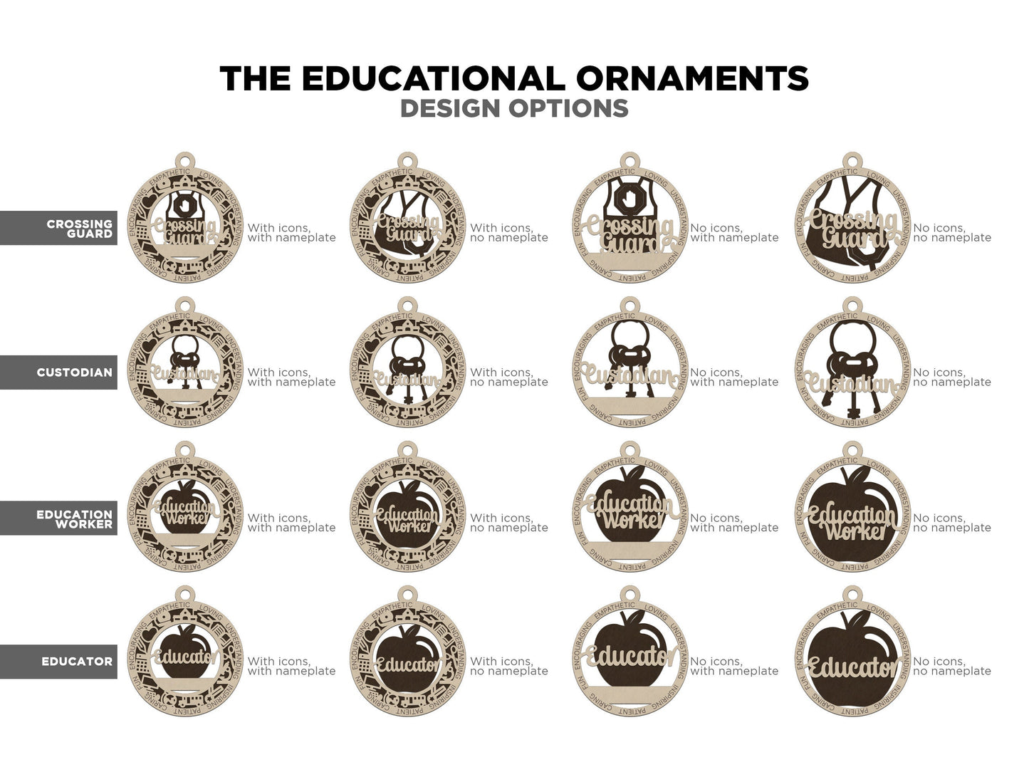 The Educational Ornaments - 16 Unique designs in 4 Styles - SVG, PDF, AI File Download - Tested in Glowforge & Lightburn