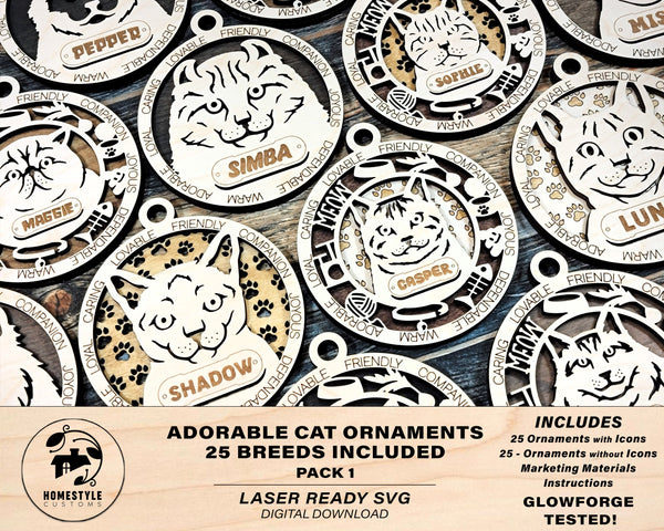 Adorable Cat Ornaments - 25 Breeds included with 2 Versions - 50 Ornaments - SVG, PDF, AI File Download - Sized for Glowforge