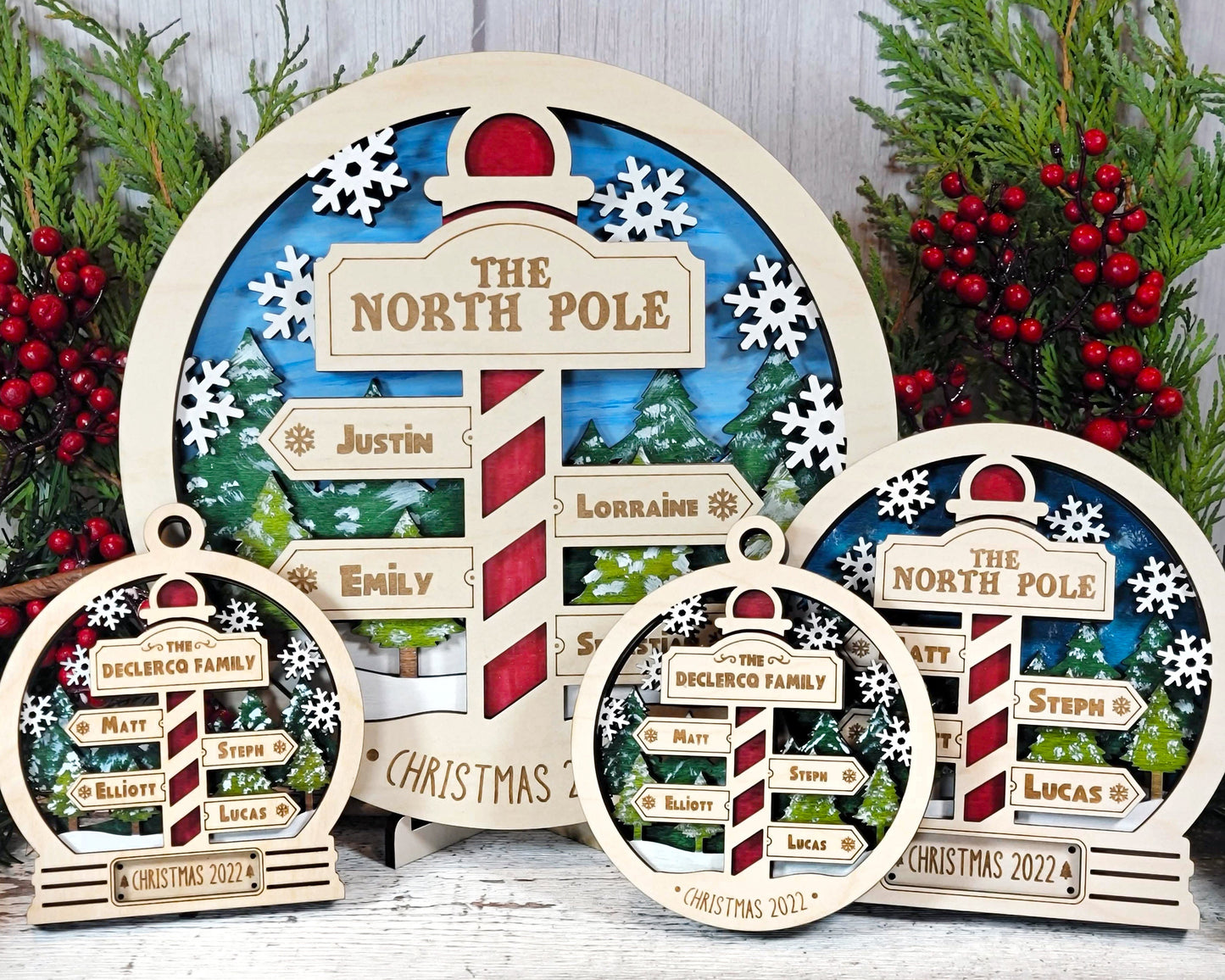 North Pole Family Bundle - 2 Ornaments & 2 Signs Included - Each Design Fits 2-6 Names  - SVG, PDF, AI File Download - Sized for Glowforge