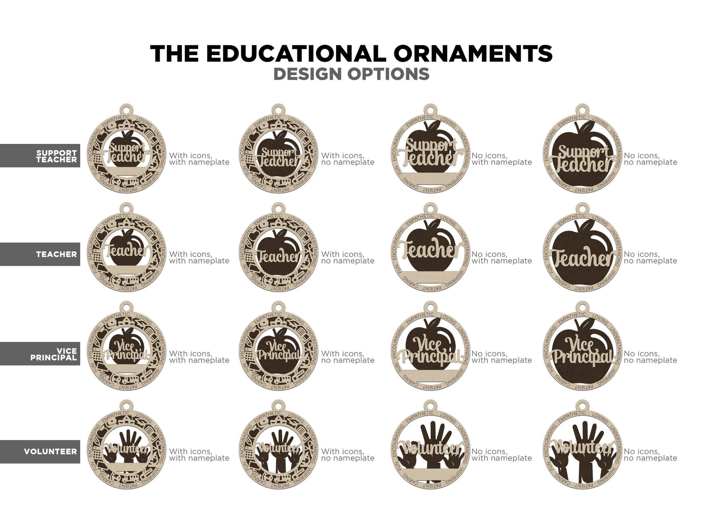 The Educational Ornaments - 16 Unique designs in 4 Styles - SVG, PDF, AI File Download - Tested in Glowforge & Lightburn