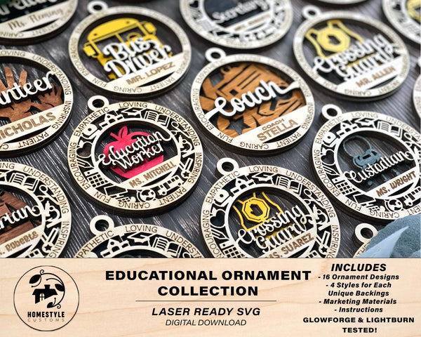 The Educational Ornaments - 16 Unique designs in 4 Styles - SVG, PDF, AI File Download - Tested in Glowforge & Lightburn