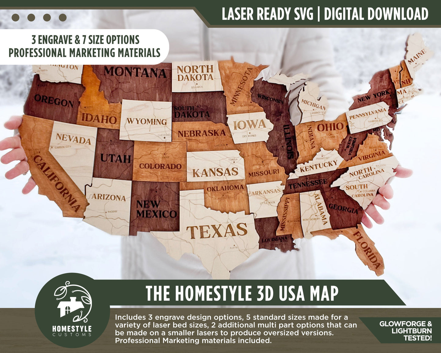 The Homestyle 3D USA Map -  3 Engrave, 7 Sizes with 2 Oversize Options for Small Lasers - SVG File Download - Glowforge & Lightburn Tested