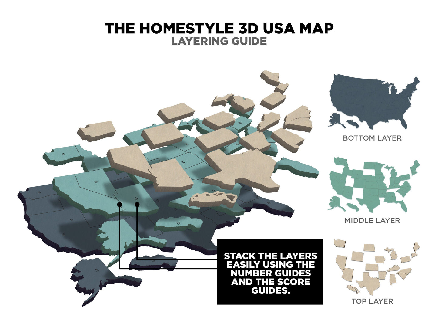 The Homestyle 3D USA Map -  3 Engrave, 7 Sizes with 2 Oversize Options for Small Lasers - SVG File Download - Glowforge & Lightburn Tested