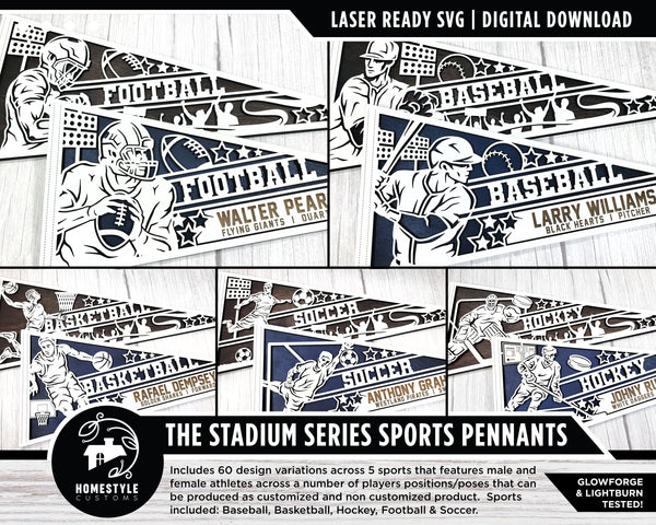 Stadium Series Sports Pennants - 5 Sports - 60 Variations Included - Male and Female Options - Tested on Glowforge & Lightburn