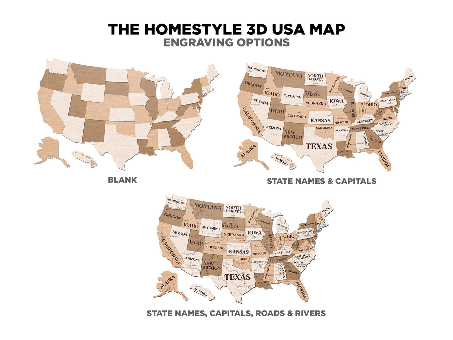 The Homestyle 3D USA Map -  3 Engrave, 7 Sizes with 2 Oversize Options for Small Lasers - SVG File Download - Glowforge & Lightburn Tested