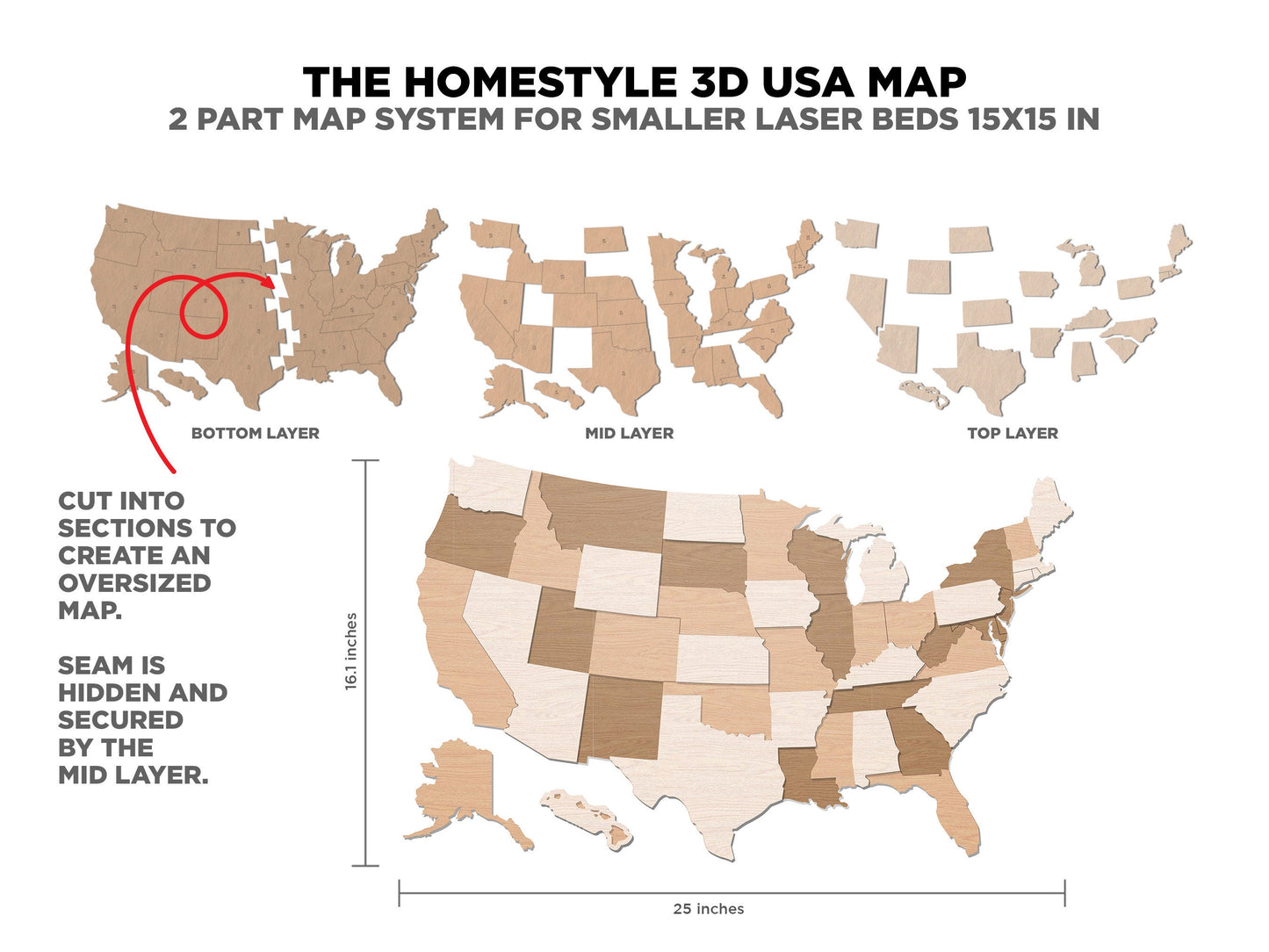 The Homestyle 3D USA Map -  3 Engrave, 7 Sizes with 2 Oversize Options for Small Lasers - SVG File Download - Glowforge & Lightburn Tested