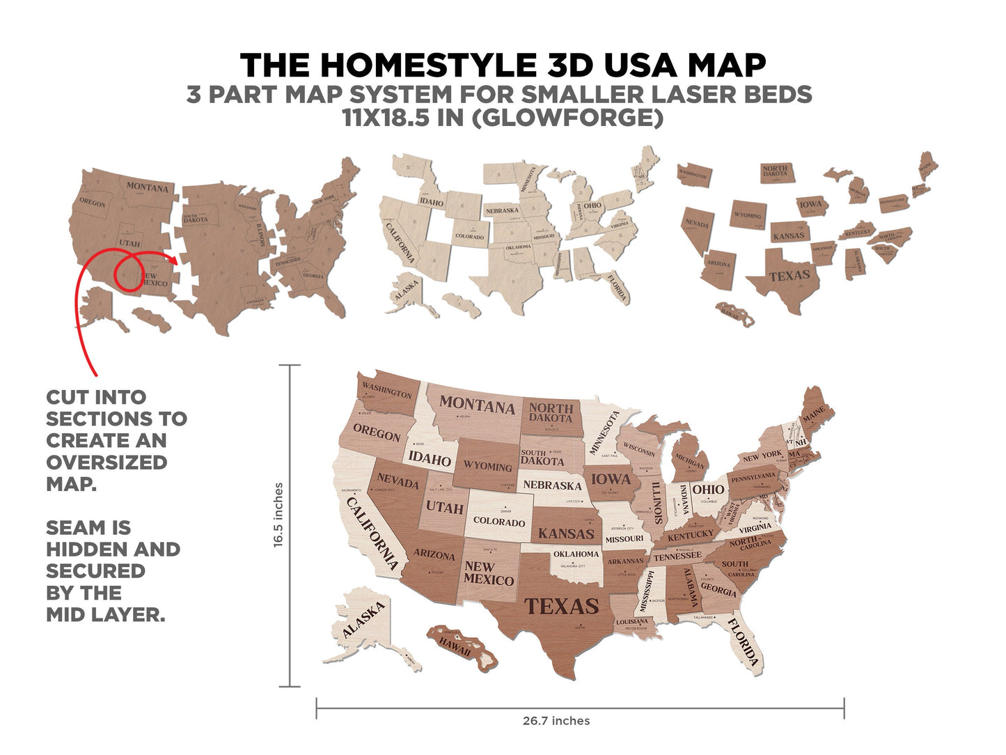 The Homestyle 3D USA Map -  3 Engrave, 7 Sizes with 2 Oversize Options for Small Lasers - SVG File Download - Glowforge & Lightburn Tested