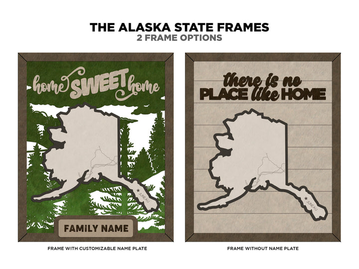 The Alaska State Frame - 13 text options, 12 backgrounds, 25 icons Included - Make over 7,500 designs - Glowforge & Lightburn Tested