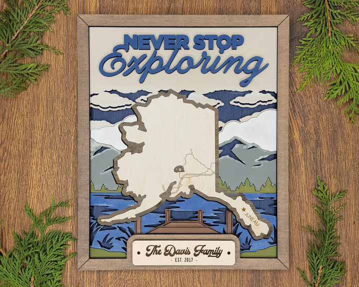 The Alaska State Frame - 13 text options, 12 backgrounds, 25 icons Included - Make over 7,500 designs - Glowforge & Lightburn Tested