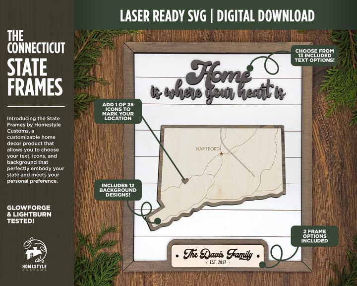 The Connecticut State Frame - 13 text options, 12 backgrounds, 25 icons Included - Make over 7,500 designs - Glowforge & Lightburn Tested