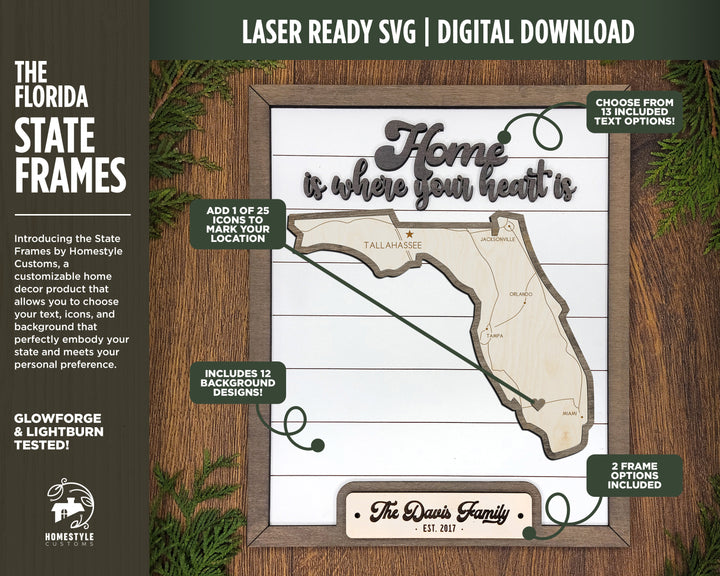 The Florida State Frame - 13 text options, 12 backgrounds, 25 icons Included - Make over 7,500 designs - Glowforge & Lightburn Tested