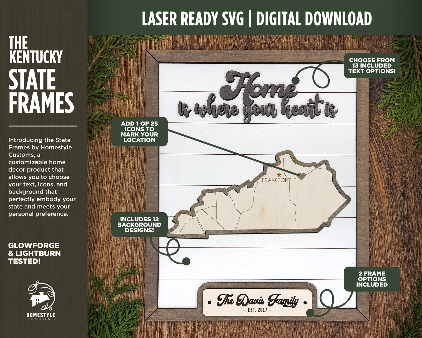 The Kentucky State Frame - 13 text options, 12 backgrounds, 25 icons Included - Make over 7,500 designs - Glowforge & Lightburn Tested