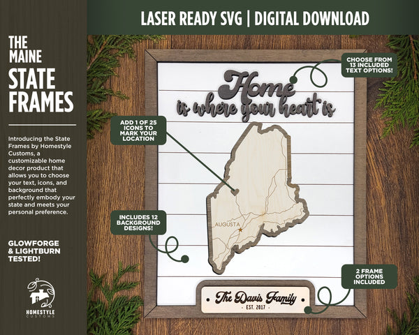 The Maine State Frame - 13 text options, 12 backgrounds, 25 icons Included - Make over 7,500 designs - Glowforge & Lightburn Tested