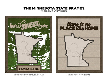 The Minnesota State Frame - 13 text options, 12 backgrounds, 25 icons Included - Make over 7,500 designs - Glowforge & Lightburn Tested