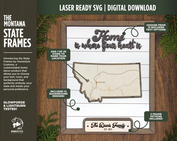 The Montana State Frame - 13 text options, 12 backgrounds, 25 icons Included - Make over 7,500 designs - Glowforge & Lightburn Tested