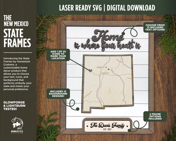 The New Mexico State Frame - 13 text options, 12 backgrounds, 25 icons Included - Make over 7,500 designs - Glowforge & Lightburn Tested
