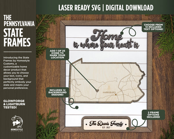The Pennsylvania State Frame - 13 text options, 12 backgrounds, 25 icons Included - Make over 7,500 designs - Glowforge & Lightburn Tested