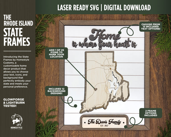 The Rhode Island State Frame - 13 text options, 12 backgrounds, 25 icons Included - Make over 7,500 designs - Glowforge & Lightburn Tested
