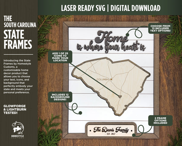 The South Carolina State Frame - 13 text options, 12 backgrounds, 25 icons Included - Make over 7,500 designs - Glowforge & Lightburn Tested