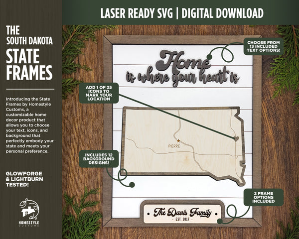 The South Dakota State Frame - 13 text options, 12 backgrounds, 25 icons Included - Make over 7,500 designs - Glowforge & Lightburn Tested