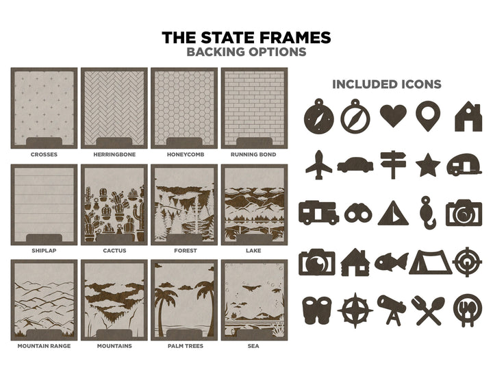 The Vermont Frame - 13 text options, 12 backgrounds, 25 icons Included - Make over 7,500 designs - Glowforge & Lightburn Tested