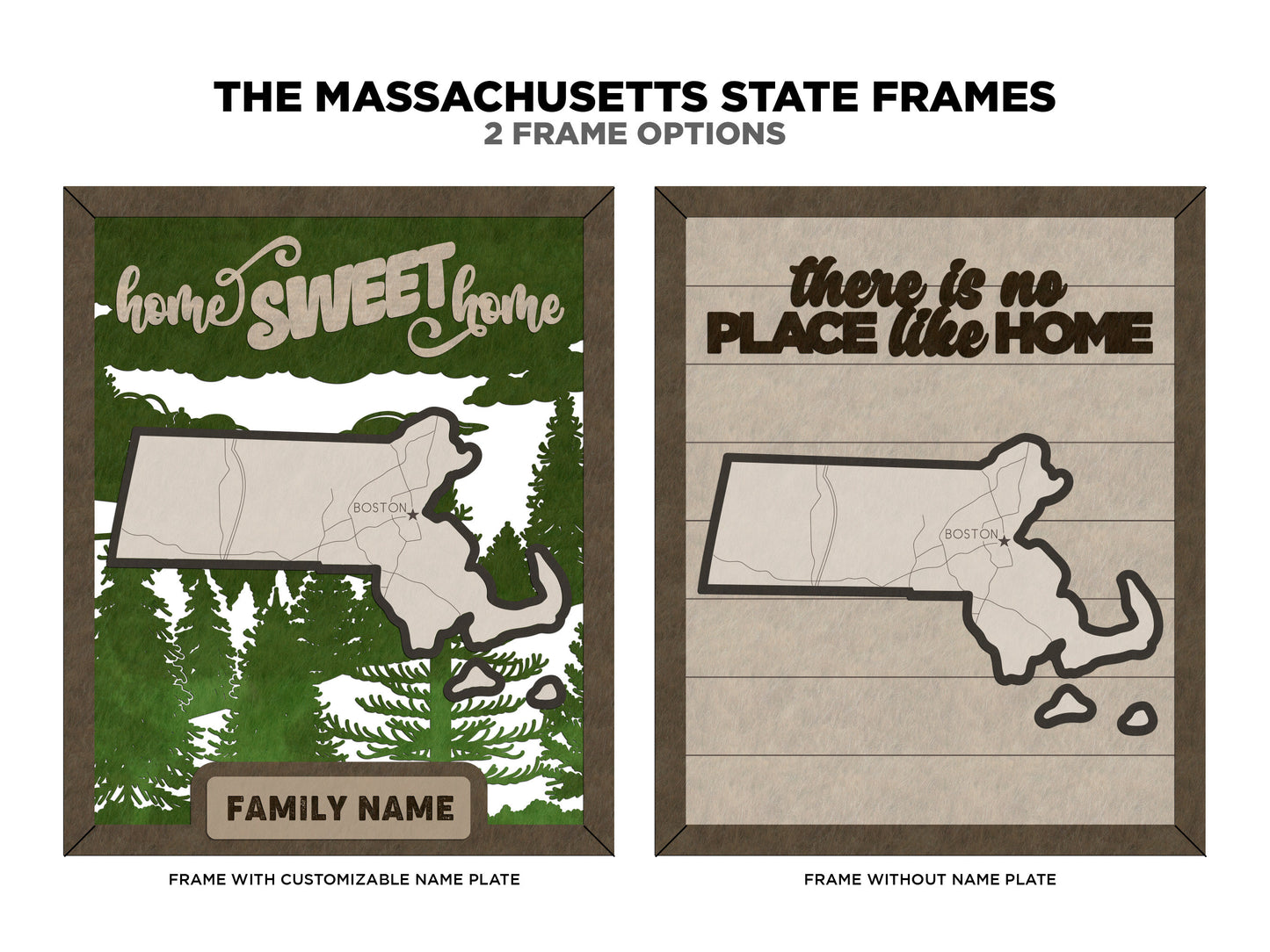 The Massachusetts State Frame - 13 text options, 12 backgrounds, 25 icons Included - Make over 7,500 designs - Glowforge & Lightburn Tested