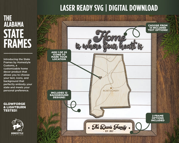 The Alabama State Frame - 13 text options, 12 backgrounds, 25 icons Included - Make over 7,500 designs - Glowforge & Lightburn Tested
