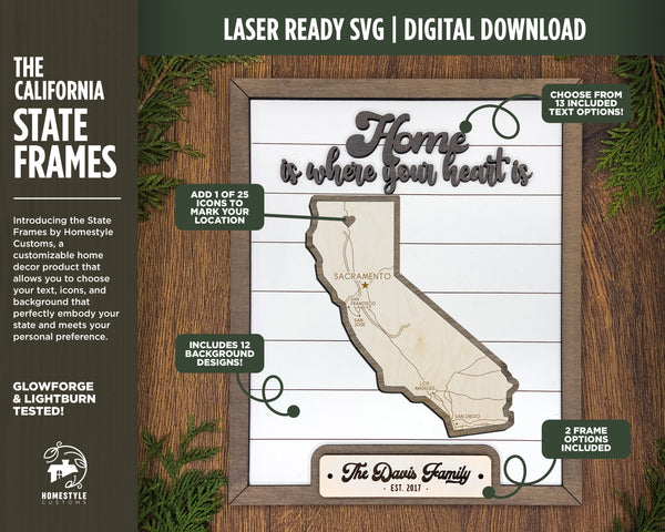The California State Frame - 13 text options, 12 backgrounds, 25 icons Included - Make over 7,500 designs - Glowforge & Lightburn Tested