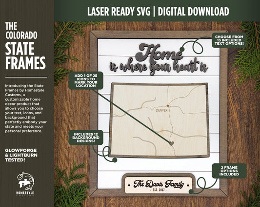 The Colorado State Frame - 13 text options, 12 backgrounds, 25 icons Included - Make over 7,500 designs - Glowforge & Lightburn Tested
