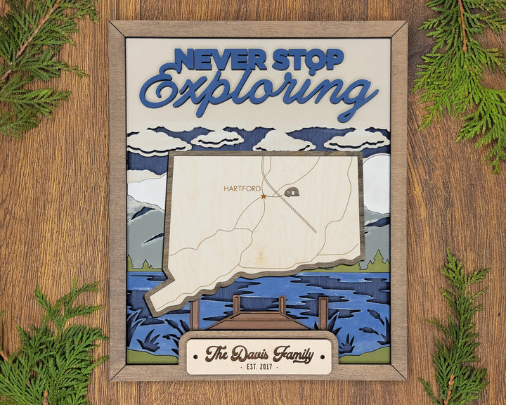 The Connecticut State Frame - 13 text options, 12 backgrounds, 25 icons Included - Make over 7,500 designs - Glowforge & Lightburn Tested