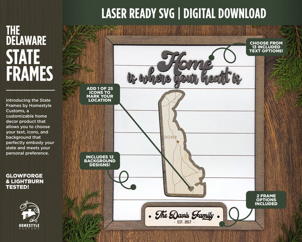 The Delaware State Frame - 13 text options, 12 backgrounds, 25 icons Included - Make over 7,500 designs - Glowforge & Lightburn Tested