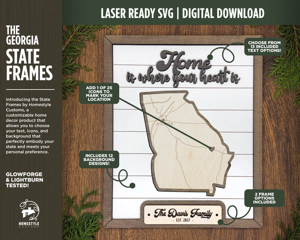 The Georgia State Frame - 13 text options, 12 backgrounds, 25 icons Included - Make over 7,500 designs - Glowforge & Lightburn Tested