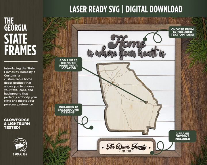 The Georgia State Frame - 13 text options, 12 backgrounds, 25 icons Included - Make over 7,500 designs - Glowforge & Lightburn Tested