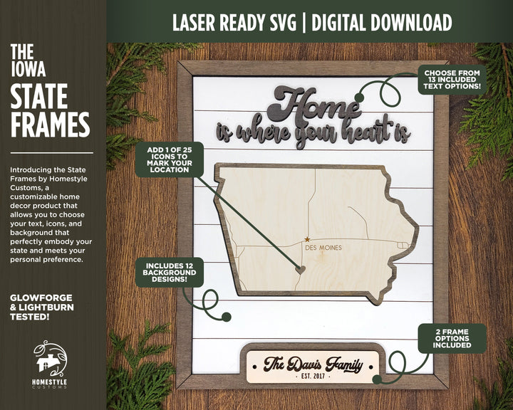 The Iowa State Frame - 13 text options, 12 backgrounds, 25 icons Included - Make over 7,500 designs - Glowforge & Lightburn Tested