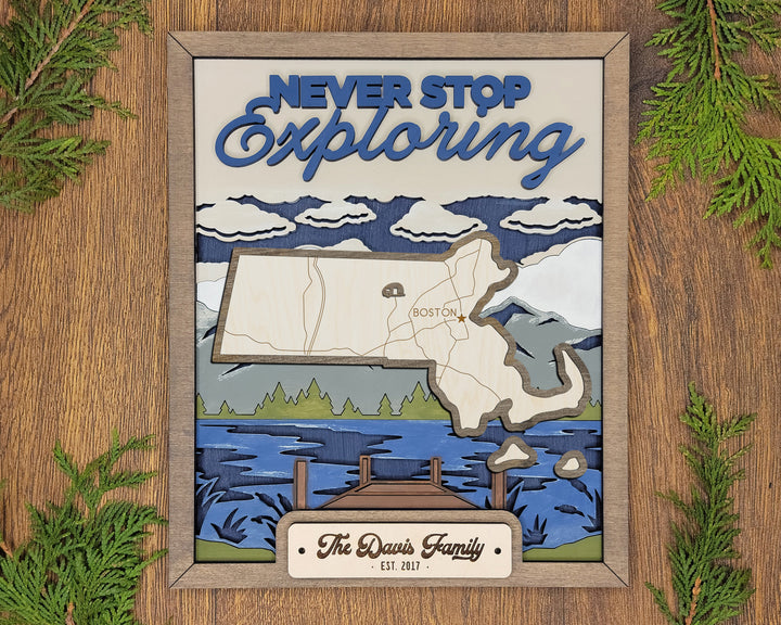 The Massachusetts State Frame - 13 text options, 12 backgrounds, 25 icons Included - Make over 7,500 designs - Glowforge & Lightburn Tested