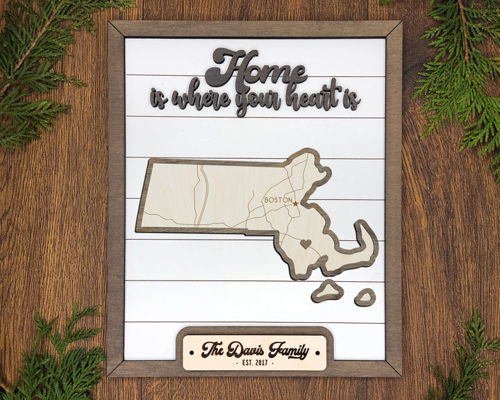 The Massachusetts State Frame - 13 text options, 12 backgrounds, 25 icons Included - Make over 7,500 designs - Glowforge & Lightburn Tested