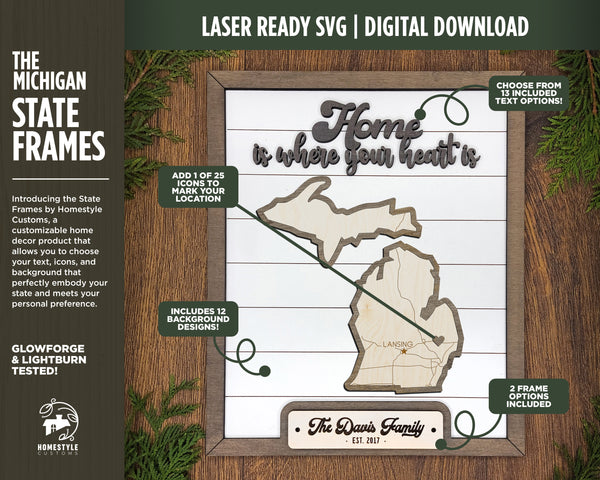 The Michigan State Frame - 13 text options, 12 backgrounds, 25 icons Included - Make over 7,500 designs - Glowforge & Lightburn Tested