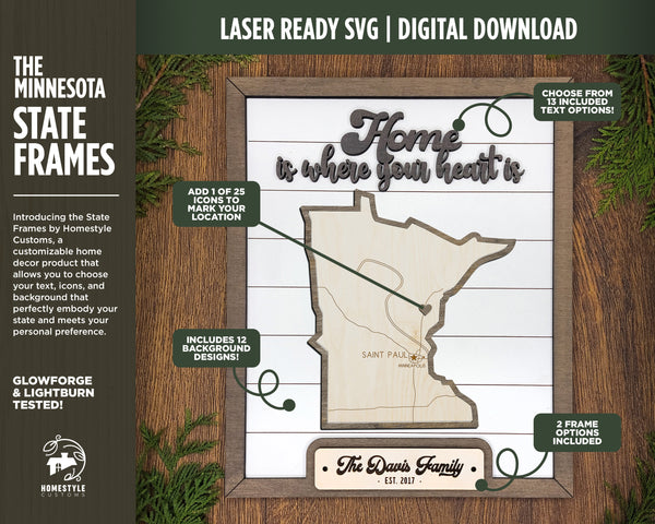 The Minnesota State Frame - 13 text options, 12 backgrounds, 25 icons Included - Make over 7,500 designs - Glowforge & Lightburn Tested